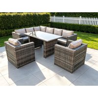 Fimous Dark Grey Outdoor Lounge Rattan Corner Sofa Set Garden Furniture Rectangular Dining Table Chair