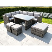 Fimous PE Rattan Corner Sofa Set Rectangular Dining Table Set With Seat & Back Cushion 7 Seater in Dark Grey