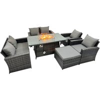 Fimous Rattan Outdoor Furniture Gas Fire Pit Rectangle Dining Table Gas Heater Chairs Sofa Set 7 Seater in Dark Grey