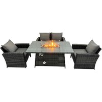 Fimous Rattan Outdoor Furniture Gas Fire Pit Rectangle Dining Table Gas Heater Chairs Sofa Sets 4 Seater in Dark Grey
