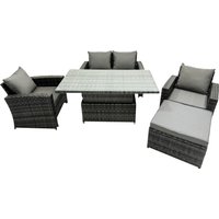 Fimous Rattan Outdoor Furniture Adjustable Rising Lifting Rectangle Dining Table Chairs 5 Seater in Dark Grey