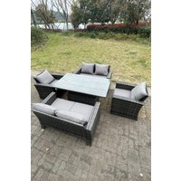 Fimous Rattan Outdoor Furniture Adjustable Rising Lifting Rectangle Dining Table Chairs 6 Seater in Dark Grey
