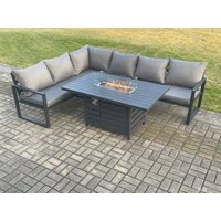 Fimous Aluminium Outdoor Garden Furniture Corner Sofa Gas Fire Pit Dining Table Sets Gas Heater Burner Dark Grey 6 Seater