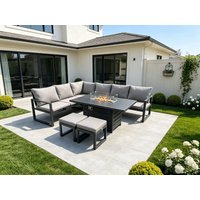 Fimous Aluminium Patio Outdoor Garden Furniture Corner Sofa Set Gas Fire Pit Dining Table with 2 Small Footstools Dark Grey