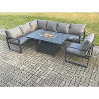 Fimous Aluminium Outdoor Garden Furniture Corner Sofa Gas Fire Pit Dining Table Sets Gas Heater Burner Dark Grey 7 Seater