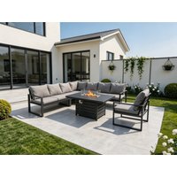 Fimous Aluminium 7 Pieces Garden Furniture Corner Sofa Set with Cushions Gas Fire Pit Dining Table Set with Chair Dark Grey