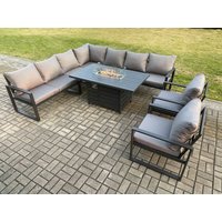 Fimous Aluminium 8 Pieces Garden Furniture Corner Sofa Set with Cushions Gas Fire Pit Dining Table Set with 2 Chairs Dark Grey