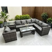 Fimous 7 Seater Rattan Corner Sofa Lounge Sofa Set Rectangular Coffee Table With Arm Chair Right Hand in Dark Grey