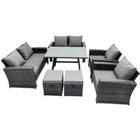Fimous 8 Seater Outdoor Dark Grey High Back Rattan Sofa Dining Table Set Garden Furniture Love Sofa Chair 2Stools