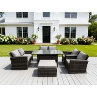 Fimous 7 Seater High Back Dark Grey Mixed Rattan Sofa Dining Table Set Garden Furniture Love Sofa Arm Chair