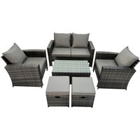 Fimous 6 Seater Dark Grey Mixed High Back Rattan Sofa Set Rectangular Coffee Table Garden Furniture Outdoor 2 Stools
