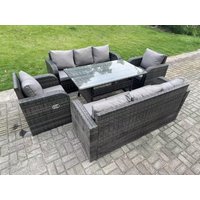 Fimous 8 Seater Rattan Garden Furniture Set Reclining Chair Lounge 3 Seater Sofa Set Rectangular Dining Table in Dark Grey