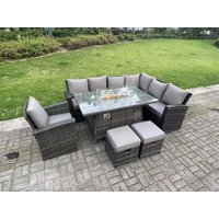 Fimous High Back Rattan Garden Furniture Sets Gas Fire Pit Dining Table Gas Heater Set Corner Sofa 9 Seater in Dark Grey