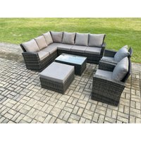 Fimous 9 Seater High Back Outdoor Garden Furniture Set Rattan Corner Sofa Set With Rectangular Coffee Table Big Footstool in Dark Grey