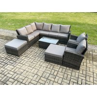 Fimous 10 Seater High Back Outdoor Garden Furniture Set Rattan Corner Sofa Set With Rectangular Coffee Table 2 Big Footstool in Dark Grey