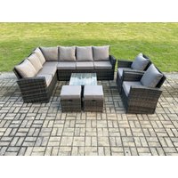 Fimous Rattan Garden Furniture Set Outdoor Lounge Corner Sofa Set With Square Coffee Table 2 Small Footstools Armchair 10 Seater in Dark Grey