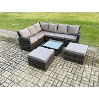 Fimous Rattan Garden Furniture Set Outdoor Lounge Corner Sofa Set With Square Coffee Table 2 Big Footstool 8 Seater in Dark Grey