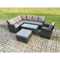 Fimous 8 Seat Rattan Garden Furniture Corner Sofa Set Outdoor Patio Sofa Chair Table Set with Big Footstool Dark Grey Mixed