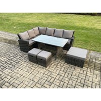 Fimous 9 Seater Garden Rattan Furniture Corner Dining Set with 3 Footstools Indoor Outdoor Lounge Sofa Set Dark Grey Mixed
