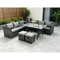 Fimous PE Wicker Outdoor Garden Furniture Set Patio Rattan Rectangular Dining Table Sofa with 2 Stool 8 Seater in Dark Grey