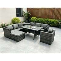 Fimous 8 Seater Outdoor Lounge Sofa Garden Furniture Set Patio Rattan Rectangular Dining Table Chair in Dark Grey