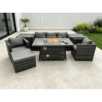 Fimous 6 Seater Outdoor PE Rattan Garden Furniture Set Gas Fire Pit Dining Table Gas Heater Burner Footstool in Dark Grey