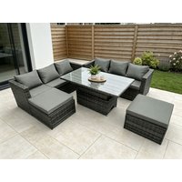 Fimous 8 Seater Rattan Sofa Garden Furniture Set Outdoor Adjustable Rising Lifting Dining Table Set with Footstool in Dark Grey