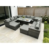 Fimous Wicker PE Rattan Garden Furniture Sofa Set Outdoor Adjustable Rising Lifting Dining Table Set 11 Seater in Dark Grey