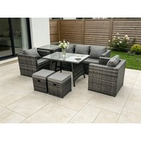 Fimous 7 Seater Rattan Outdoor Furniture Garden Dining Set with Lounge Sofa Dining Table 2 Armchairs Small Stools in Dark Grey