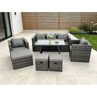 Fimous 8 Seater Rattan Outdoor Furniture Sofa Garden Dining Set with Dining Table 2 Armchairs 3 Stools Dark Grey
