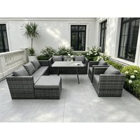 Fimous 8 Seater Rattan Outdoor Furniture Sofa Garden Dining Set with Patio Dining Table 2 Armchairs Big Footstools in Dark Grey