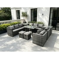 Fimous Wicker Rattan Outdoor Furniture Lounge Sofa Garden Dining Set with Dining Table 2 Side Tables 2 Armchairs in Dark Grey