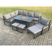 Fimous Aluminium 9 Pieces Garden Furniture Corner Sofa Set with Cushions Gas Fire Pit Dining Table Set with Chair 3 Footstools Dark Grey