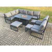 Fimous Aluminium 10 Pieces Garden Furniture Corner Sofa Set with Cushions Gas Fire Pit Dining Table Set with 2 Chairs 3 Footstools Dark Grey
