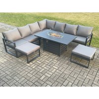 Fimous Aluminium 9 Seater Garden Furniture Outdoor Set Patio Lounge Sofa Gas Fire Pit Dining Table Set with 2 Big Footstools Dark Grey