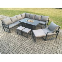 Fimous Aluminium Lounge Corner Sofa Outdoor Garden Furniture Sets Gas Fire Pit Dining Table Set with Chair 3 Footstools Dark Grey