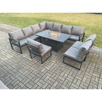 Fimous Aluminium 10 Seater Lounge Corner Sofa Outdoor Garden Furniture Sets Gas Fire Pit Dining Table Set Dark Grey