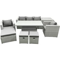 Fimous Outdoor Rattan Garden Funiture Set Height Adjustable Rising Lifting Table Sofa Dining Set with 2 Armchair in Light Grey