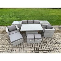Fimous Rattan Outdoor Garden Funiture Set Height Adjustable Rising Lifting Table Sofa Dining Set with 2 Armchairs in Light Grey