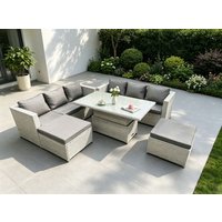 Fimous PE Rattan Garden Funiture Set Height Adjustable Rising Lifting Table Sofa Dining Set with 2 Big Footstools in Light Grey