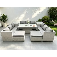 Fimous 11 Seater PE Rattan Garden Funiture Set Adjustable Rising Lifting Table Sofa Dining Set with 2 Side Tables in Light Grey