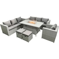 Fimous 9 Seater Outdoor Garden Dining Sets Rattan Furniture Gas Fire Pit Dining Table Gas Heater with Chair 2 Footstools in Light Grey