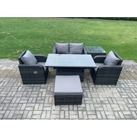 Fimous PE Rattan Outdoor Garden Furniture Set Height Adjustable Rising lifting Dining Table Love Sofa With Side Table in Dark Grey