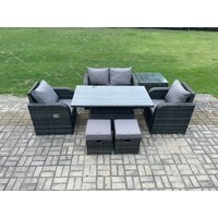 Fimous Outdoor Rattan Garden Furniture Set Height Adjustable Rising lifting Dining Table Love Sofa Chair With Side Table in Dark Grey