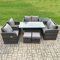 Fimous Outdoor Rattan Garden Furniture Set Patio Height Adjustable Rising lifting Dining Table Love Sofa With Side Table in Dark Grey