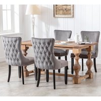 HomeTouch Sierra Set of 4 Luxe Velvet Dining Chairs Tufted Kitchen Chairs with High Wing Back & Oak Wood Legs in Grey | Size: 4 Pack