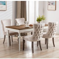 HomeTouch Sierra Set of 4 Luxe Velvet Dining Chairs Tufted Kitchen Chairs with High Wing Back & Oak Wood Legs in Beige | Size: 4 Pack