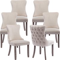 HomeTouch Sierra Set of 6 Lux Dining Chairs Velvet Tufted Wing Back Kitchen Chairs with Oak Wood Legs in Beige | Size: 6 Pack