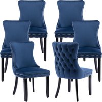 HomeTouch Sierra Set of 6 Lux Dining Chairs Velvet Tufted Wing Back Kitchen Chairs with Oak Wood Legs in Blue | Size: 6 Pack