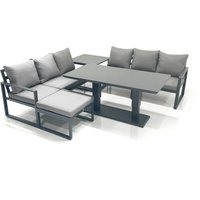 Fimous 7 Seater Aluminium Outdoor Garden Furniture Set with Adjustable Rising Lifting Dining Table 3 Seater Sofa Big Footstool Side Table Dark Grey